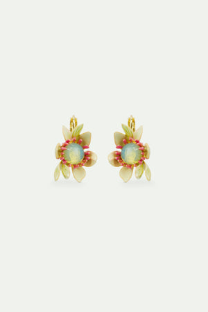 Large Magnolia Flower and Blue Cabochon Sleeper Earrings