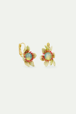 Large Magnolia Flower and Blue Cabochon Sleeper Earrings