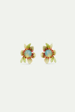 Large Magnolia Flower and Blue Cabochon Post Earrings