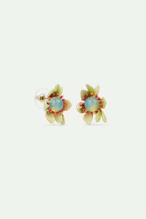 Large Magnolia Flower and Blue Cabochon Post Earrings