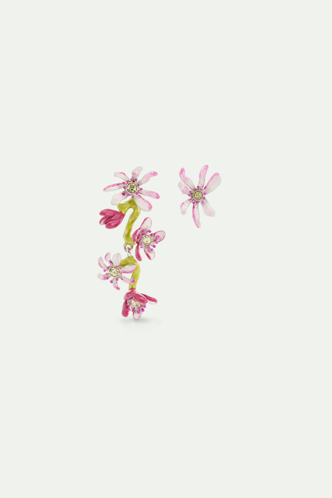 Pink Magnolia Flowers Asymmetrical Post Earrings