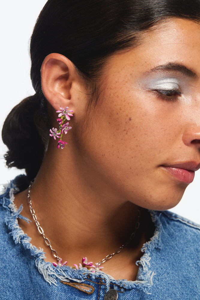 Pink Magnolia Flowers Asymmetrical Post Earrings
