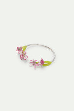 Fine Silver Cuff Bracelet with Pink Magnolia Flowers and Crystals