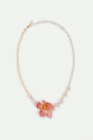 Two-Tone Chain, Large Pink Magnolia Flower and Artificial Pearl Necklace