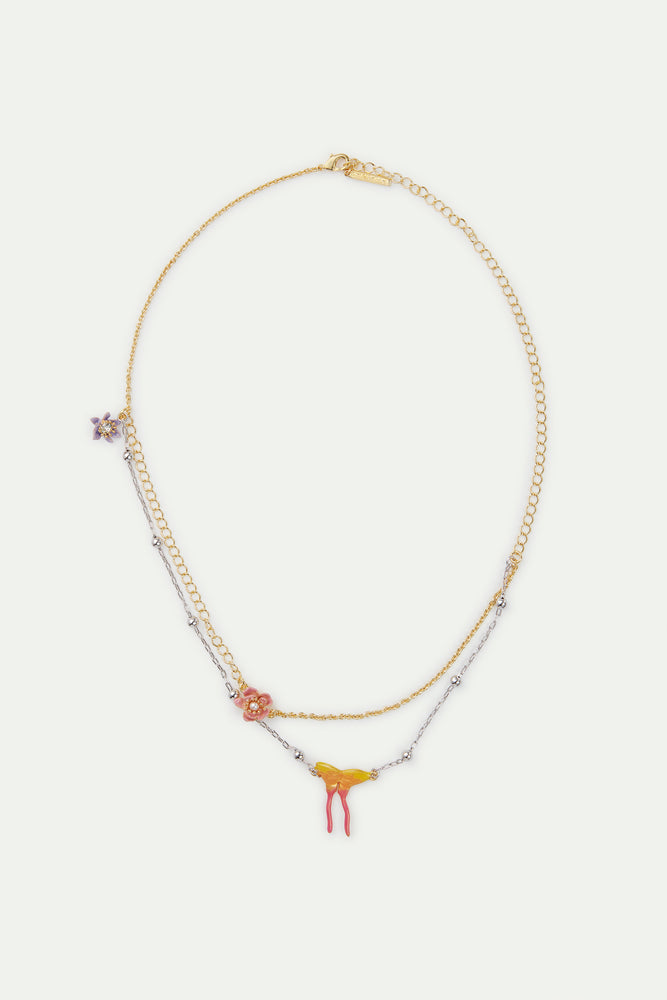 Two-Tone Chain, Magnolia Flower and Butterfly Pendant Necklace