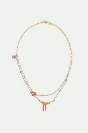Two-Tone Chain, Magnolia Flower and Butterfly Pendant Necklace
