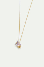 Round Purple Faceted Glass Stone and Magnolia Flower Pendant Necklace