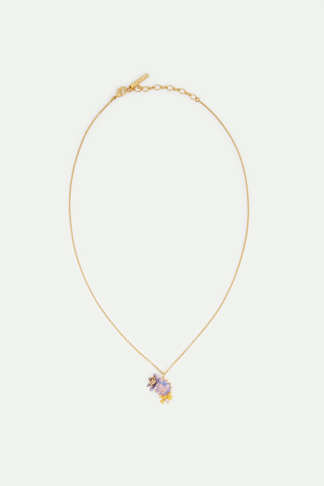 Round Purple Faceted Glass Stone and Magnolia Flower Pendant Necklace