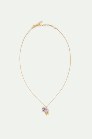 Round Purple Faceted Glass Stone and Magnolia Flower Pendant Necklace