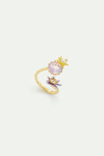 Round Purple Faceted Glass Stone and Magnolia Flower Adjustable Ring