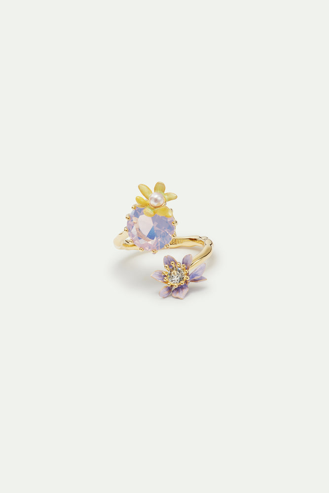 Round Purple Faceted Glass Stone and Magnolia Flower Adjustable Ring
