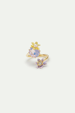 Round Purple Faceted Glass Stone and Magnolia Flower Adjustable Ring