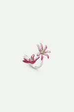 Adjustable Silver Ring with Pink Magnolia Flowers and Crystals