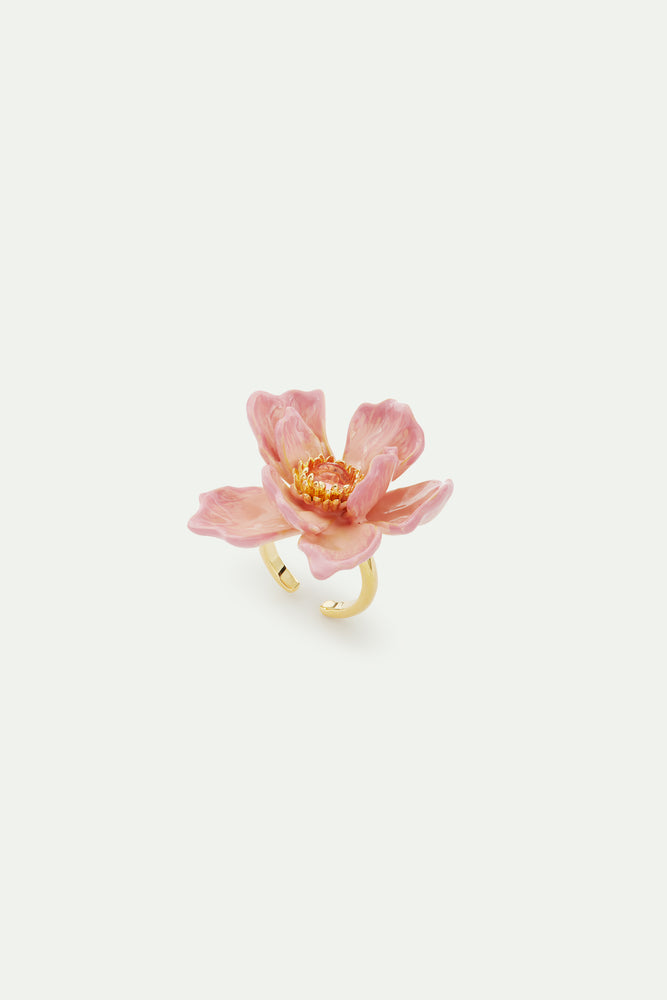 Large Magnolia Flower and Glass Cabochon Adjustable Ring