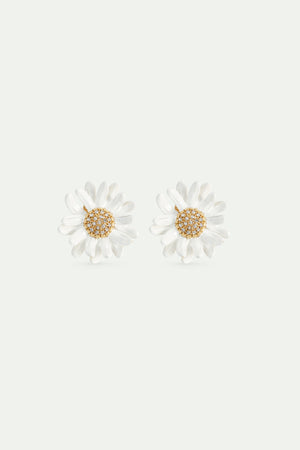 White and Gold Daisy Clip-On Earrings with a Pavé Heart