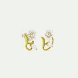 White and Green Daisy Hoop Earrings, with Mother of Pearl Bead