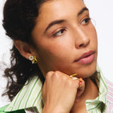 White and Green Daisy Hoop Earrings, with Mother of Pearl Bead
