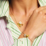 Fine Necklace with White and Green Daisy, Mother of Pearl Bead and Carabiner