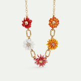 Gold Link Necklace with Daisy and Zinnia Flowers