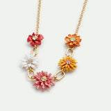 Gold Link Necklace with Daisy and Zinnia Flowers