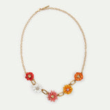 Gold Link Necklace with Daisy and Zinnia Flowers