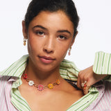 Gold Link Necklace with Daisy and Zinnia Flowers