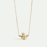 Fine Necklace with White and Green Daisy, Mother of Pearl Bead and Carabiner