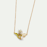 Fine Necklace with White and Green Daisy, Mother of Pearl Bead and Carabiner