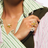 White and Gold Daisy Ring with a Pavé Heart