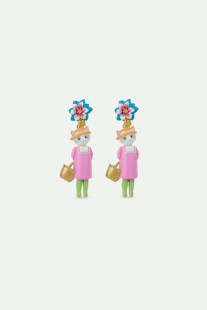 N2 Grey Cat and Blue Flower Dangle Clip-On Earrings