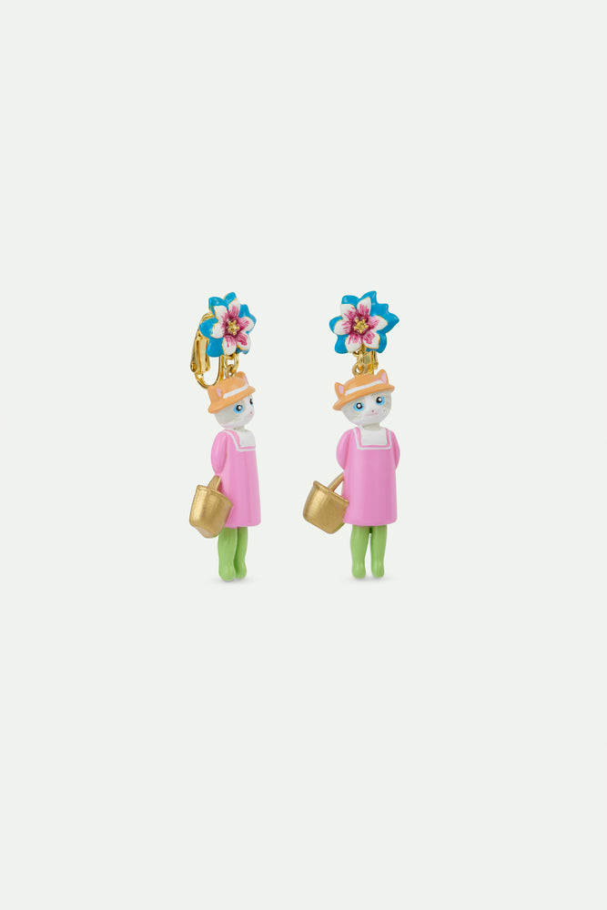 N2 Grey Cat and Blue Flower Dangle Clip-On Earrings