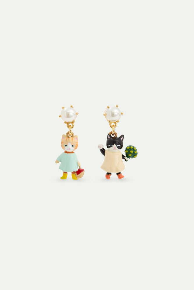 N2 Asymmetrical Ginger and Black Kitten Dangle Post Earrings