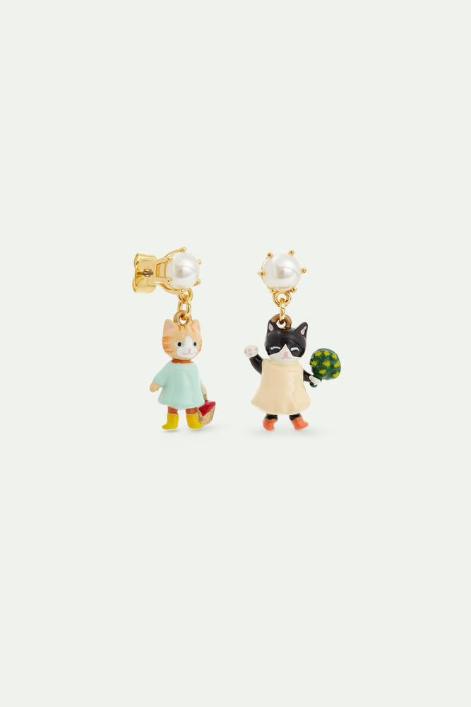 N2 Asymmetrical Ginger and Black Kitten Dangle Post Earrings