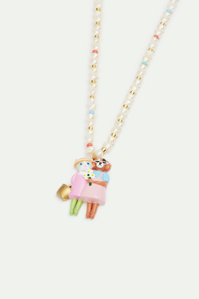 N2 Artificial Pearl, Cat and Dog Pendant Necklace