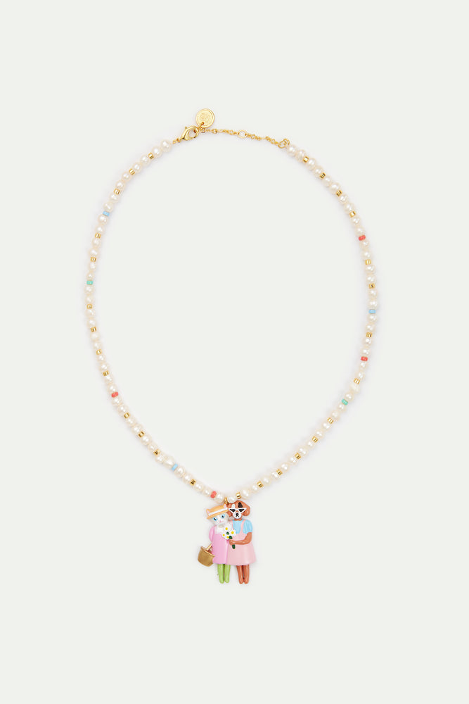 N2 Artificial Pearl, Cat and Dog Pendant Necklace