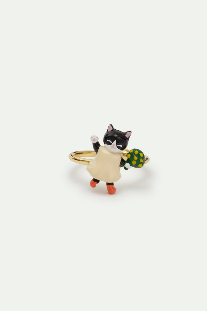 N2 Black Kitten and Flower Bouquet Adjustable Ring