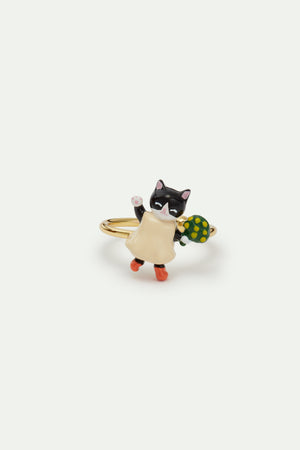 N2 Black Kitten and Flower Bouquet Adjustable Ring