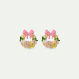 Flower Crown and Pink Bow Post Earrings
