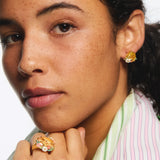 Oval Pink Faceted Stone Cocktail Ring with Zinnias and Daisies