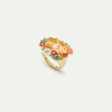 Oval Pink Faceted Stone Cocktail Ring with Zinnias and Daisies