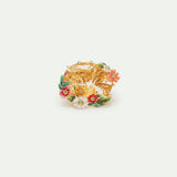 Oval Pink Faceted Stone Cocktail Ring with Zinnias and Daisies