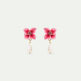 Pink Hydrangea Flower and Cultured Pearl Post Earrings