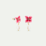 Pink Hydrangea Flower and Cultured Pearl Post Earrings
