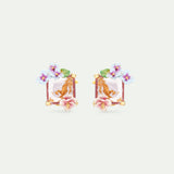 Lizard Post Earrings with Pink Cut Stone and Hydrangea Flowers