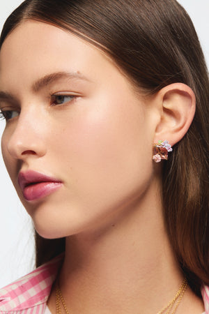 Lizard Post Earrings with Pink Cut Stone and Hydrangea Flowers