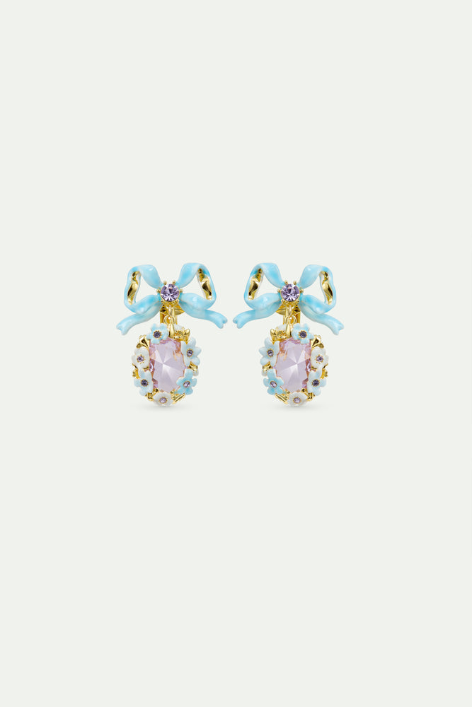 Purple faceted Stone Wedding Clip-On Earrings with Flowers and a Blue Bow