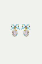 Purple faceted Stone Wedding Clip-On Earrings with Flowers and a Blue Bow