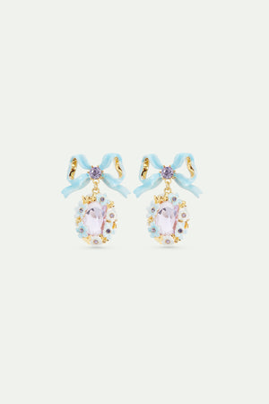 Purple Faceted Stone Wedding Post Earrings with Flowers and A Blue Bow