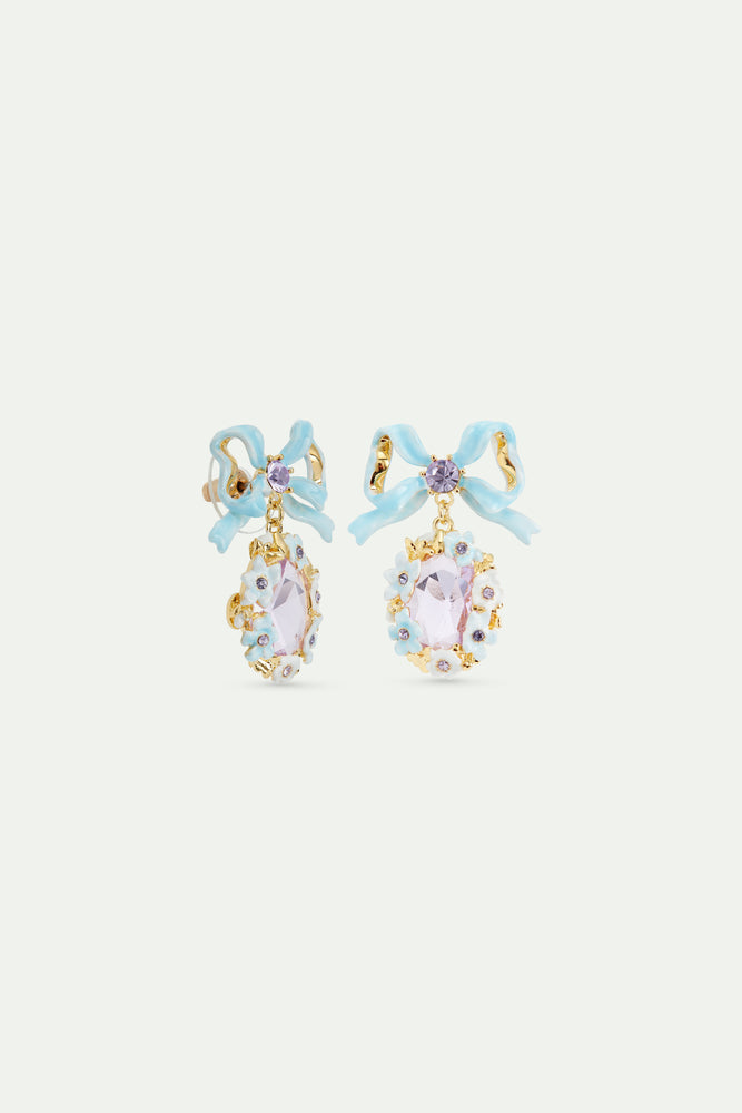 Purple Faceted Stone Wedding Post Earrings with Flowers and A Blue Bow