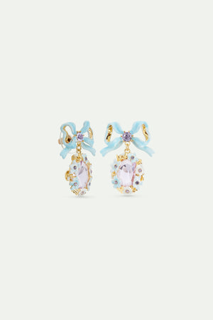 Purple Faceted Stone Wedding Post Earrings with Flowers and A Blue Bow